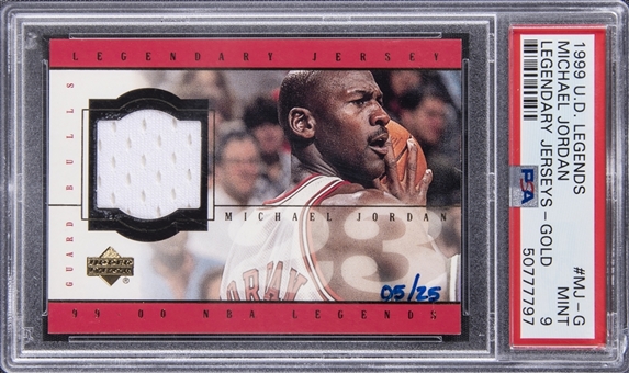 1999-00 UD Legends "Legendary Jerseys - Gold" #MJ-G Michael Jordan Game Used Jersey Card (#05/25) – PSA MINT 9